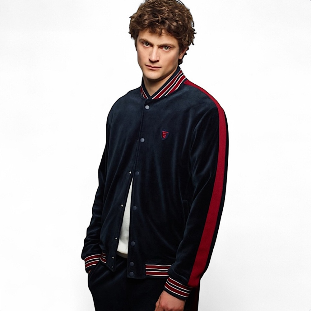 Tretorn Anchor Navy Velour Red Stripe Varsity Bomber Track Jacket NWT Sz Medium
